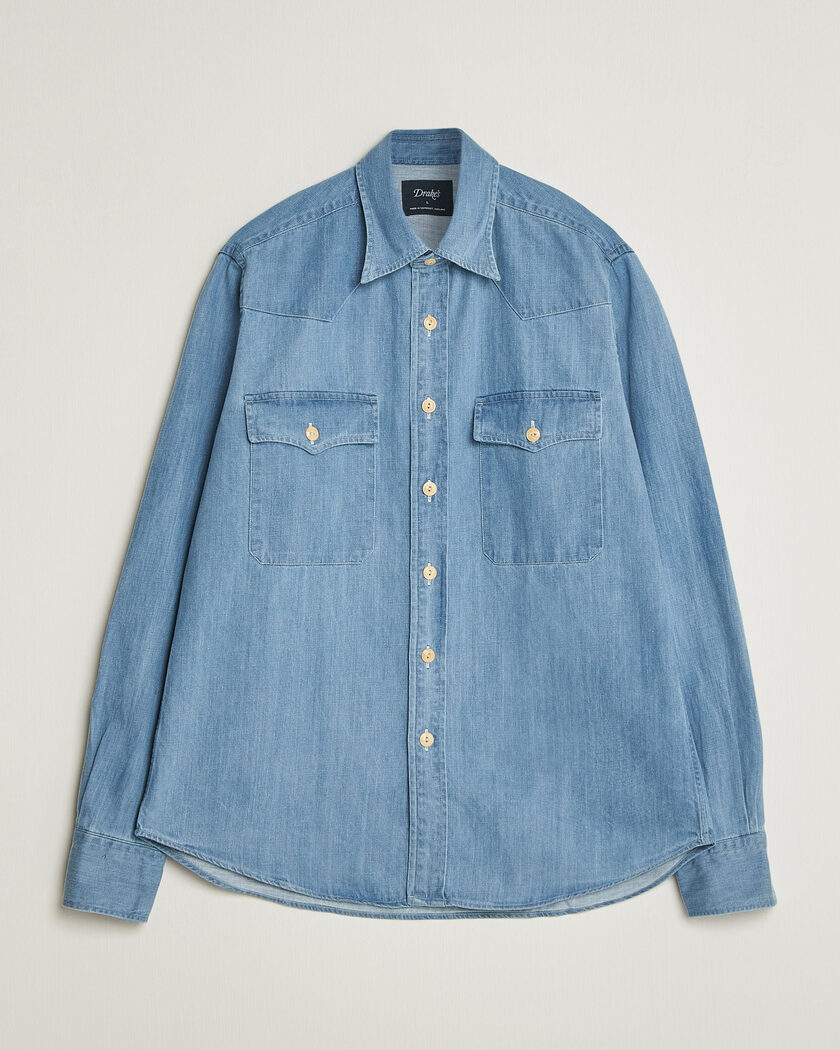 Drake's Denim Western Shirt Bleached Blue – Blau