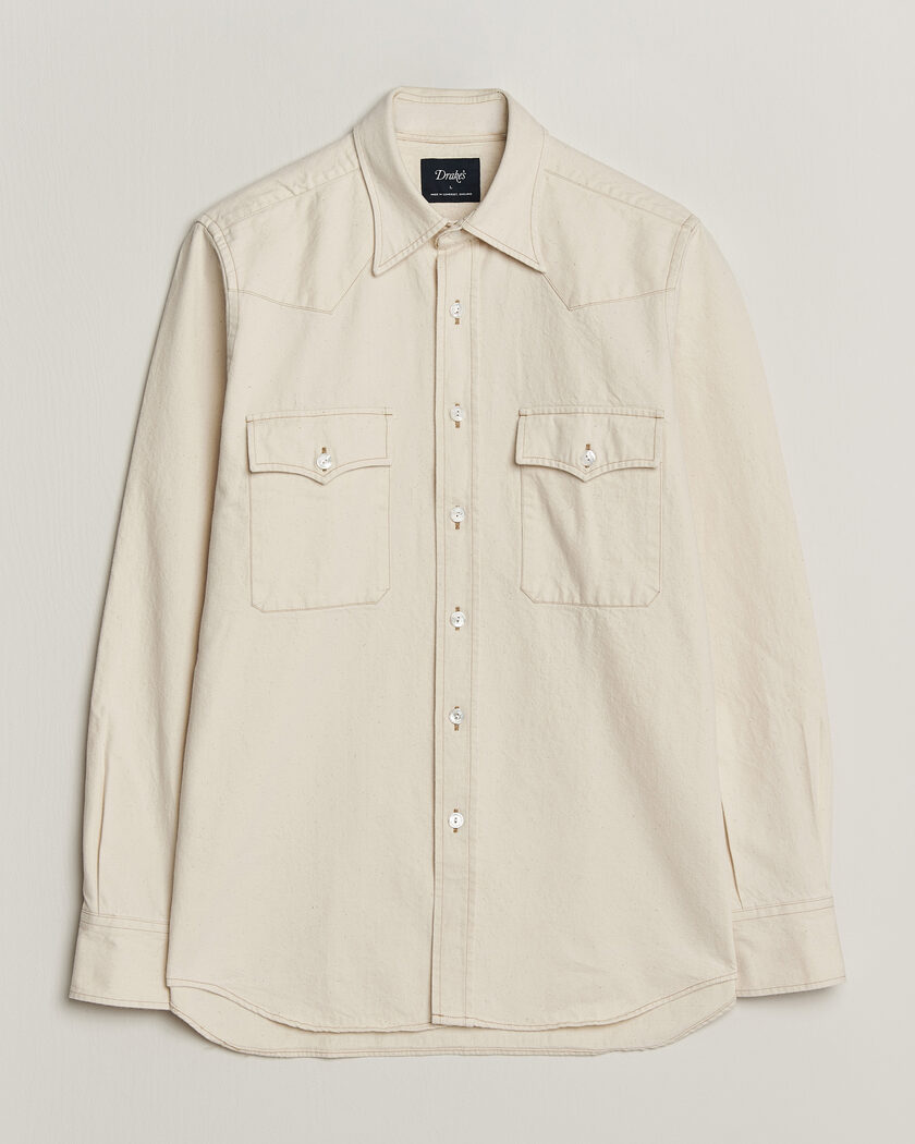 Drake's Western Denim Shirt Stone Wash Ecru – Weiß