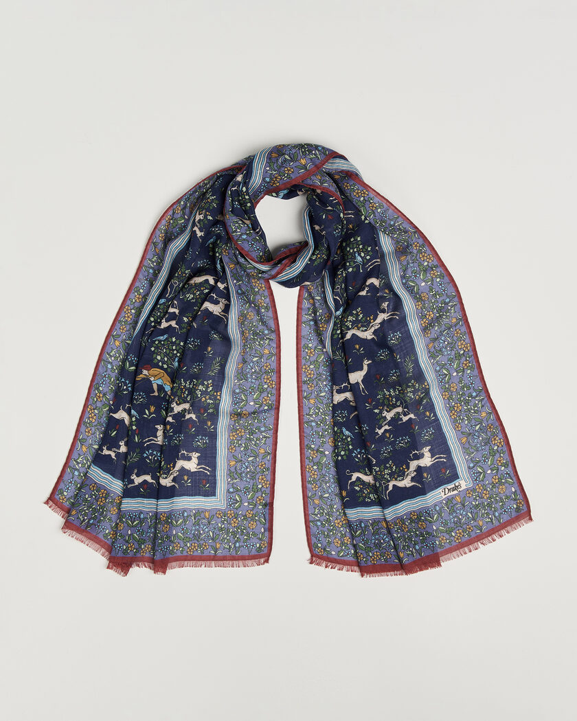 Drake's Archival Animals Wool/Silk Scarf Navy – Blau