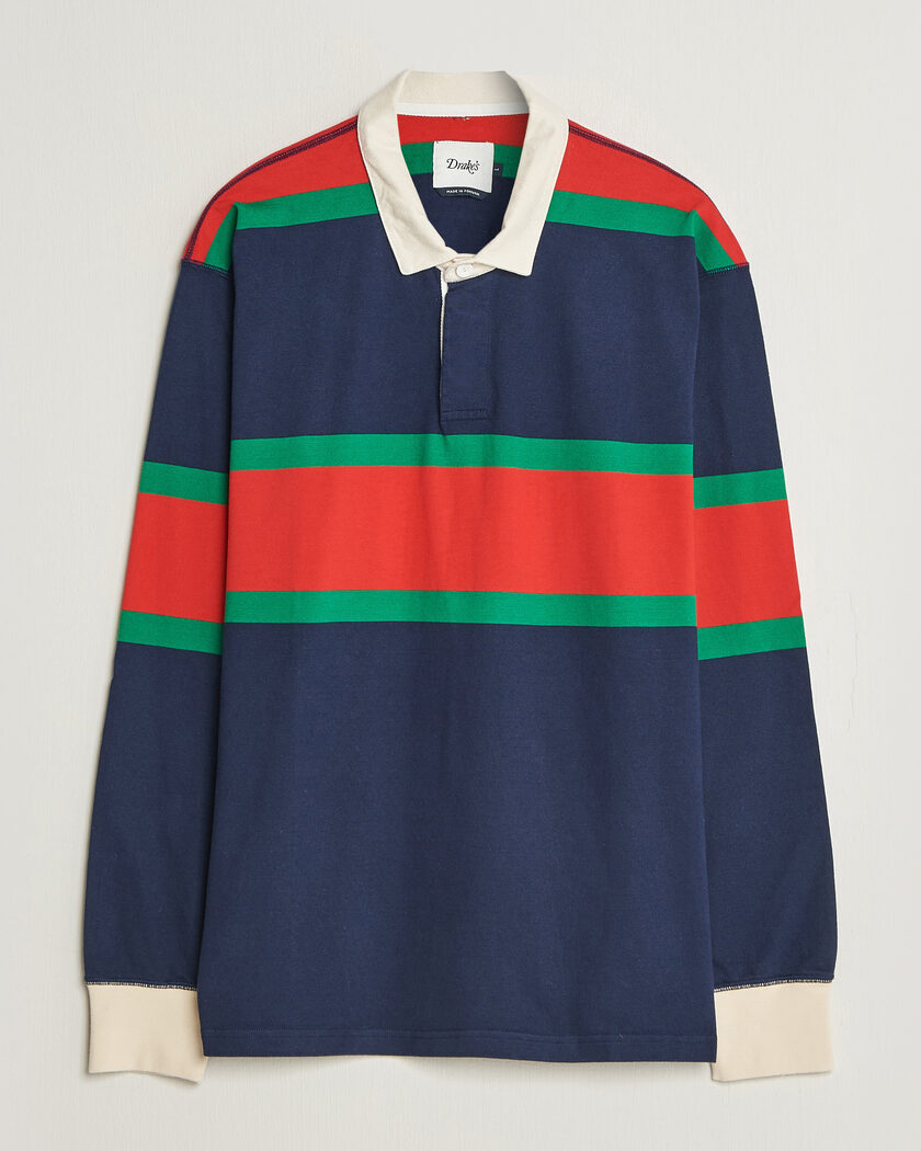 Drake's Middle Stripe Rugby Navy/Red/Green – Blau