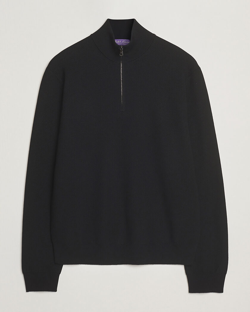 Pre-owned Ralph Lauren Purple Label Wool Pique Half Zip Polo Black L – Schwarz