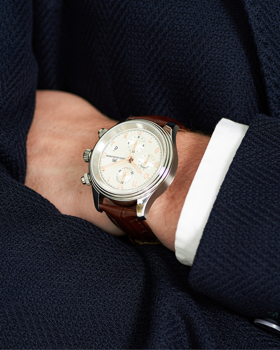 Herren | Sjöö Sandström Royal Steel Chronograph 42mm Ivory/Brown Alligator | Sjöö Sandström | Royal Steel Chronograph 42mm Ivory/Brown Alligator
