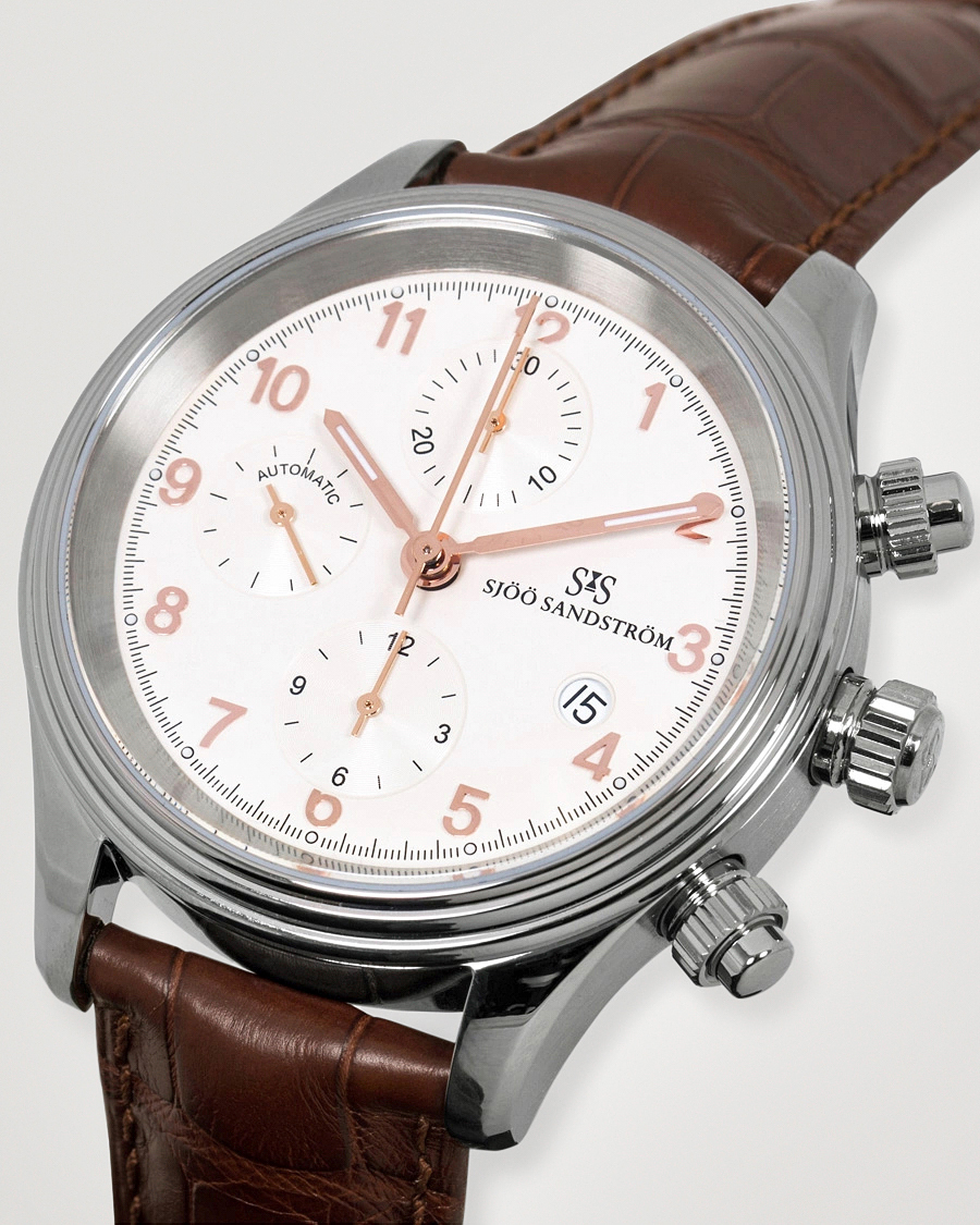 Herren | Sjöö Sandström Royal Steel Chronograph 42mm Ivory/Brown Alligator | Sjöö Sandström | Royal Steel Chronograph 42mm Ivory/Brown Alligator