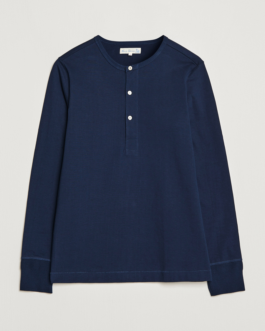 Herren | Pullover | Merz b. Schwanen | Classic Organic Cotton Henley Sweater Ink Blue