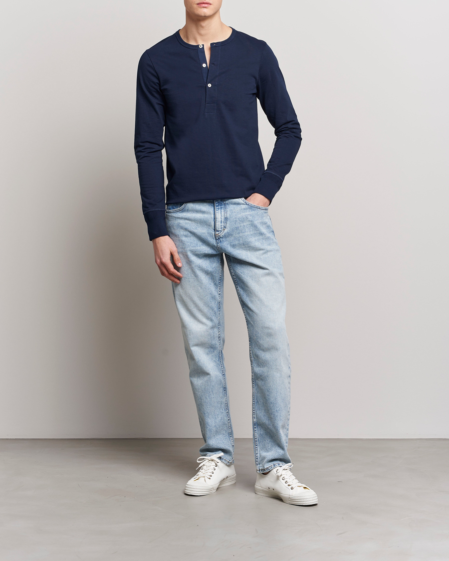 Herren | Pullover | Merz b. Schwanen | Classic Organic Cotton Henley Sweater Ink Blue