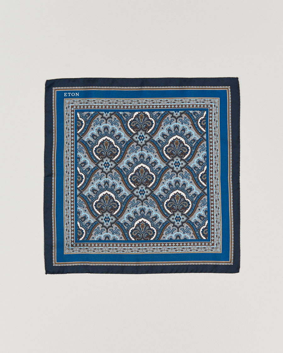 Herren | Eton Silk Paisley Print Pocket Square Blue | Eton | Silk Paisley Print Pocket Square Blue