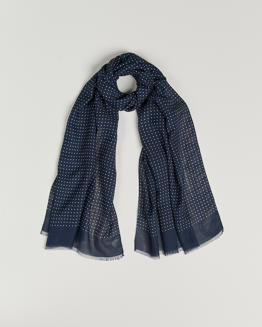 Herren | Eton Silk Wool Polka Dot Scarf Blue | Eton | Silk Wool Polka Dot Scarf Blue