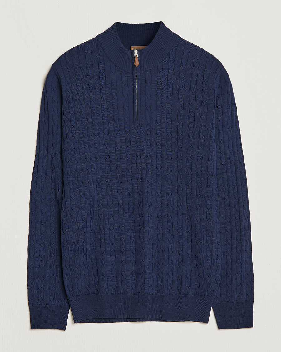 Herren | Pullover | Stenströms | Merino Cable Half Zip Navy