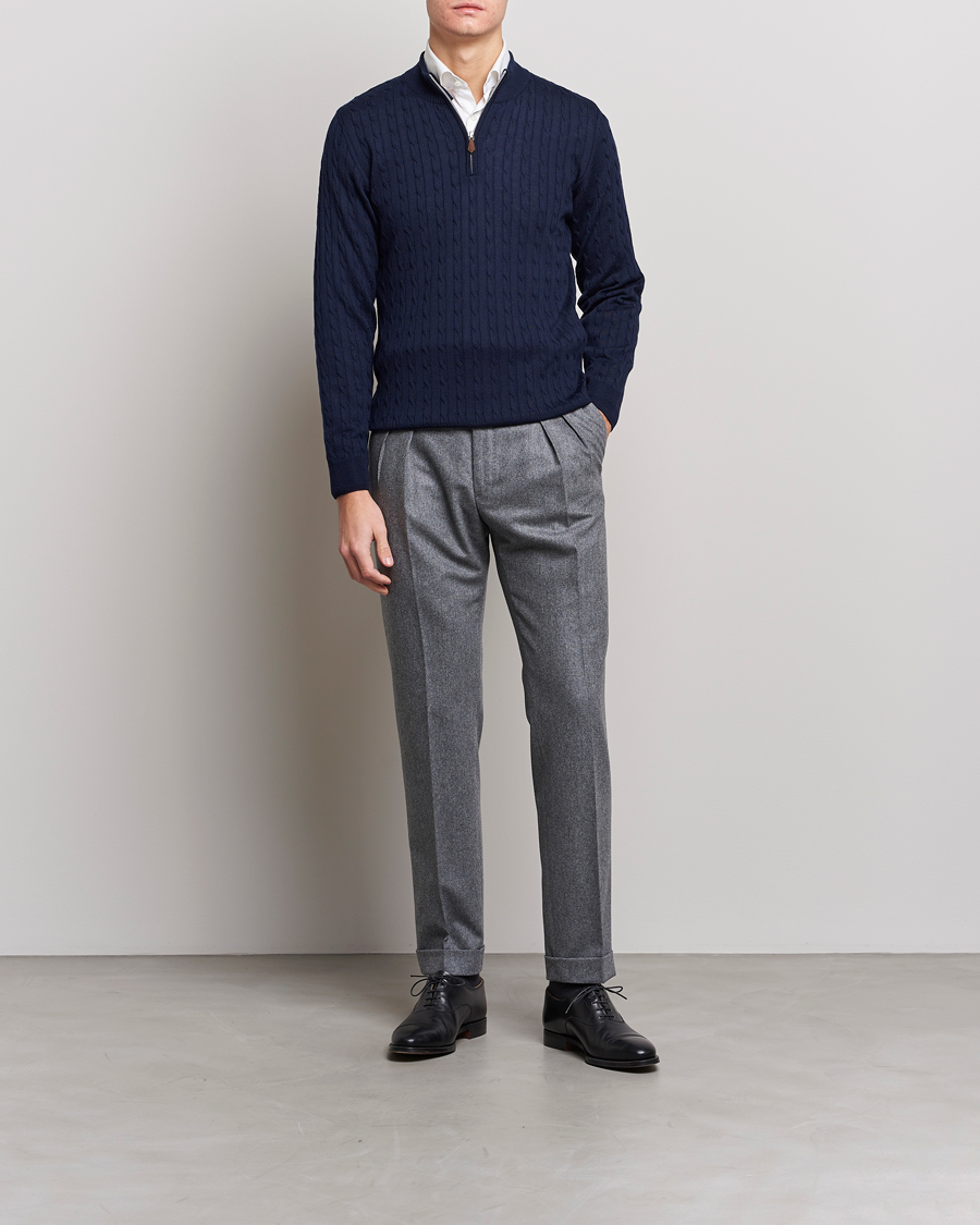 Herren | Pullover | Stenströms | Merino Cable Half Zip Navy