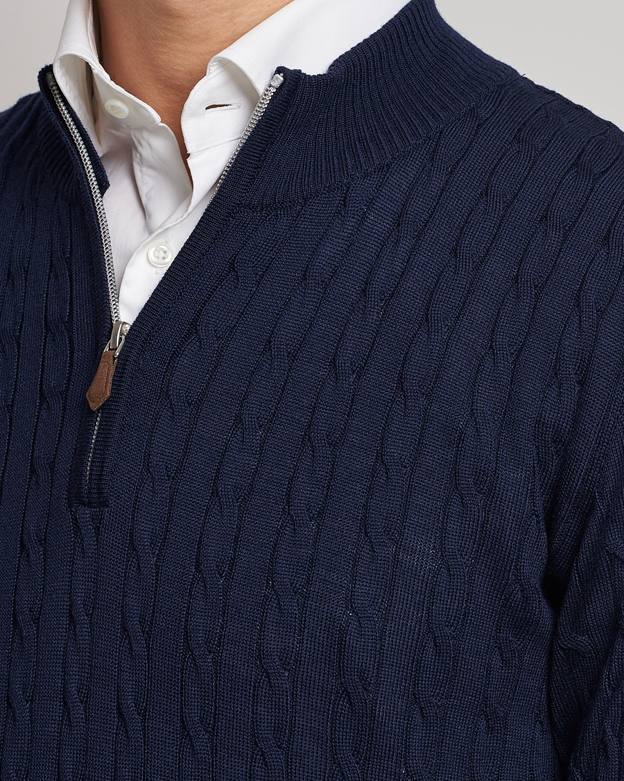 Herren | Pullover | Stenströms | Merino Cable Half Zip Navy