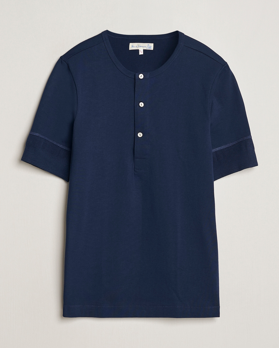 Herren | Pullover | Merz b. Schwanen | Short Sleeve Organic Cotton Henley Ink Blue