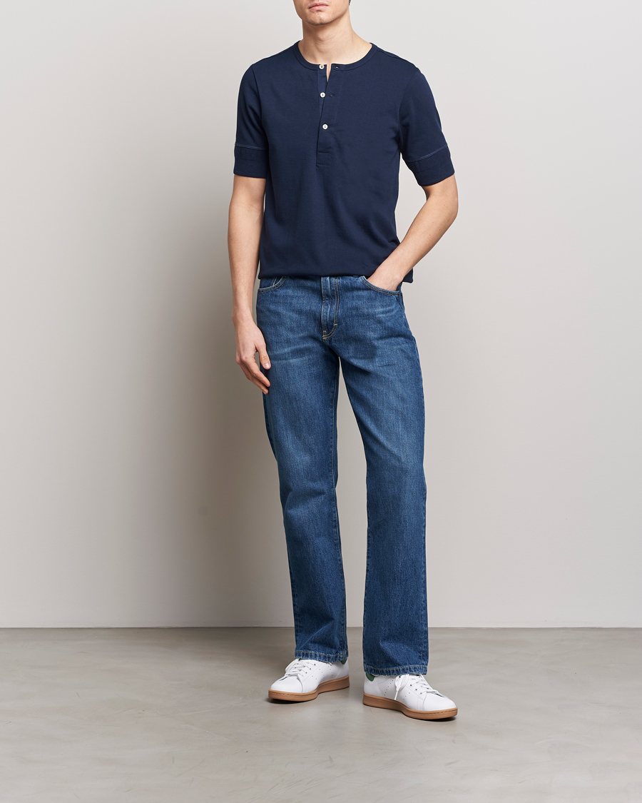 Herren | Pullover | Merz b. Schwanen | Short Sleeve Organic Cotton Henley Ink Blue