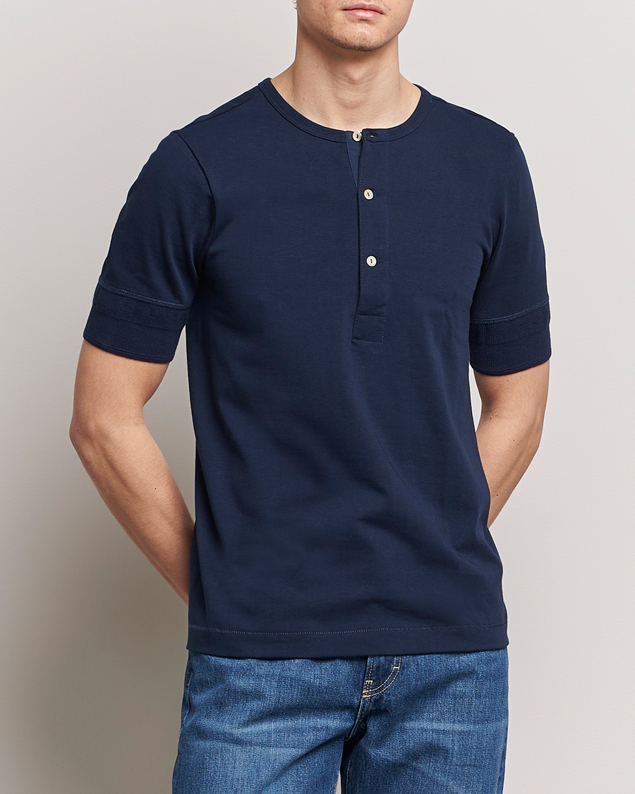 Herren | Granpa-Shirt | Merz b. Schwanen | Short Sleeve Organic Cotton Henley Ink Blue