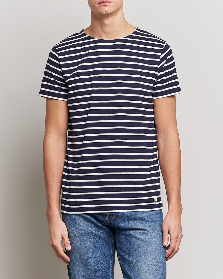 Herren | Kurzarm T-Shirt | Armor-lux | Hoëdic Boatneck Héritage Stripe T-shirt Navy/White