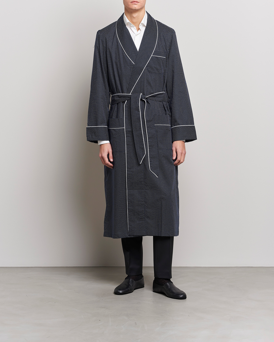 Herren | Schlafanzüge & Bademäntel | Derek Rose | Polka Dot Cotton Satin Dressing Gown Navy