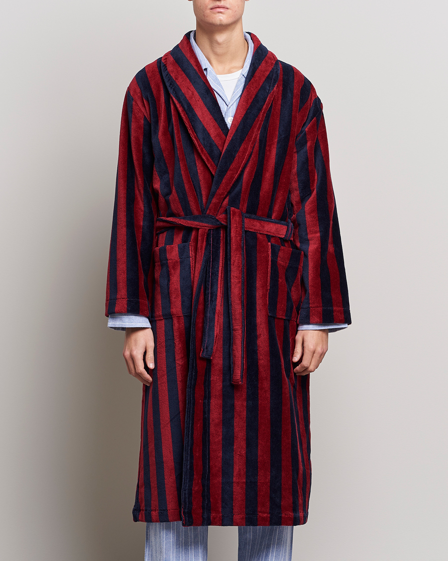 Herren | Loungewear-Abteilung | Derek Rose | Cotton Velour Striped Gown Red/Blue