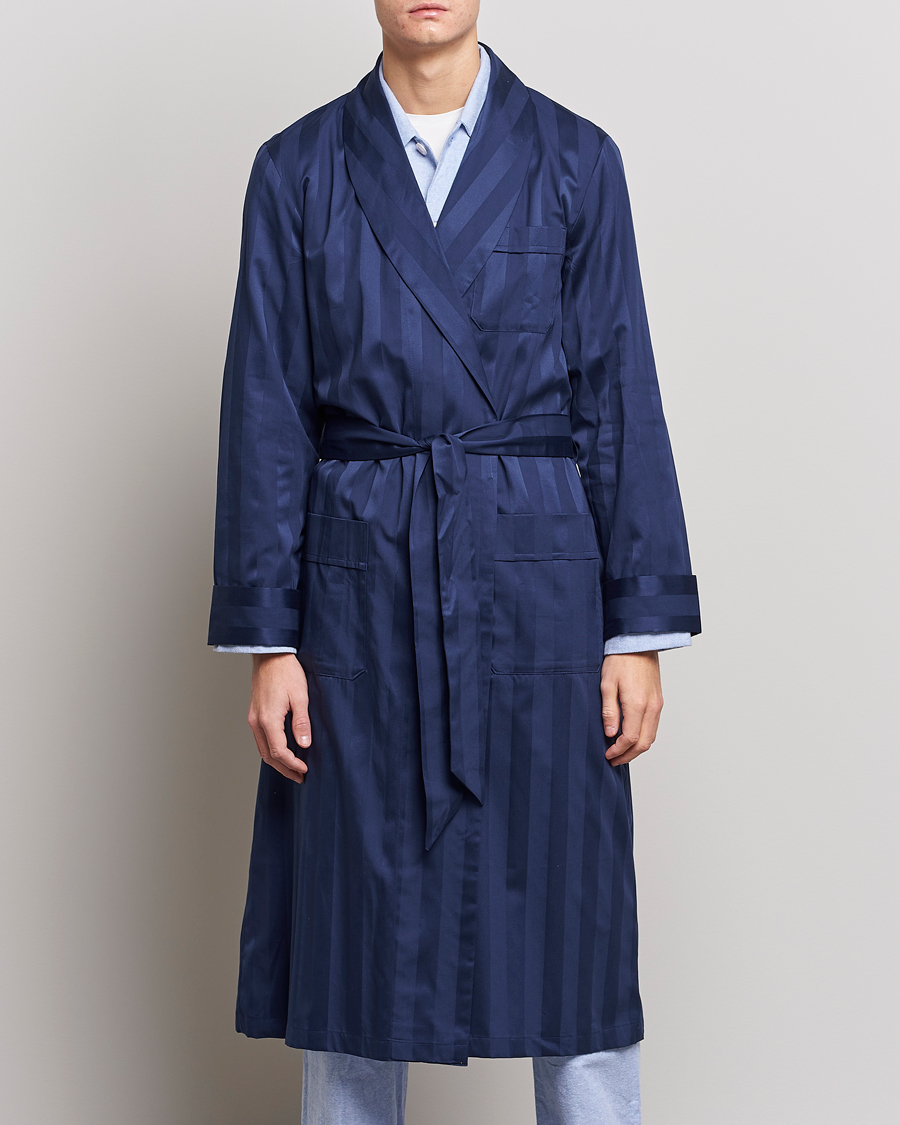 Herren | Kategorie | Derek Rose | Striped Cotton Satin Dressing Gown Navy/Navy