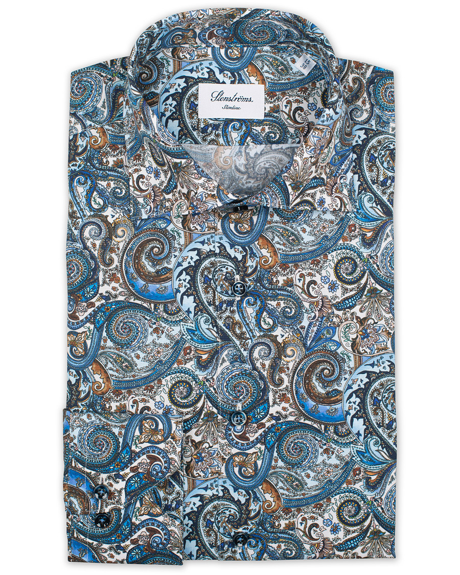 Herren | Hemden | Stenströms | Slimline Printed Paisley Shirt White/Blue