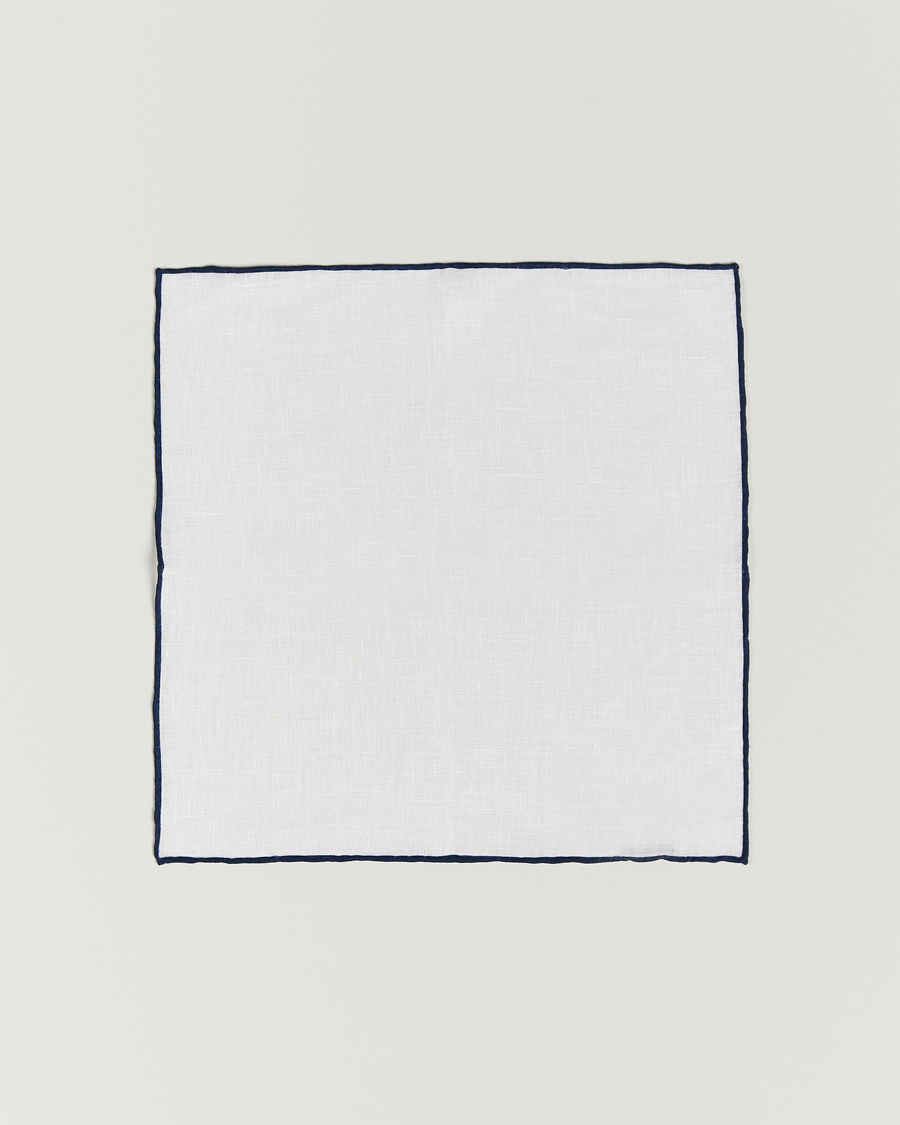 Herren | Amanda Christensen Linen Paspoal Pocket Square White/Navy | Amanda Christensen | Linen Paspoal Pocket Square White/Navy