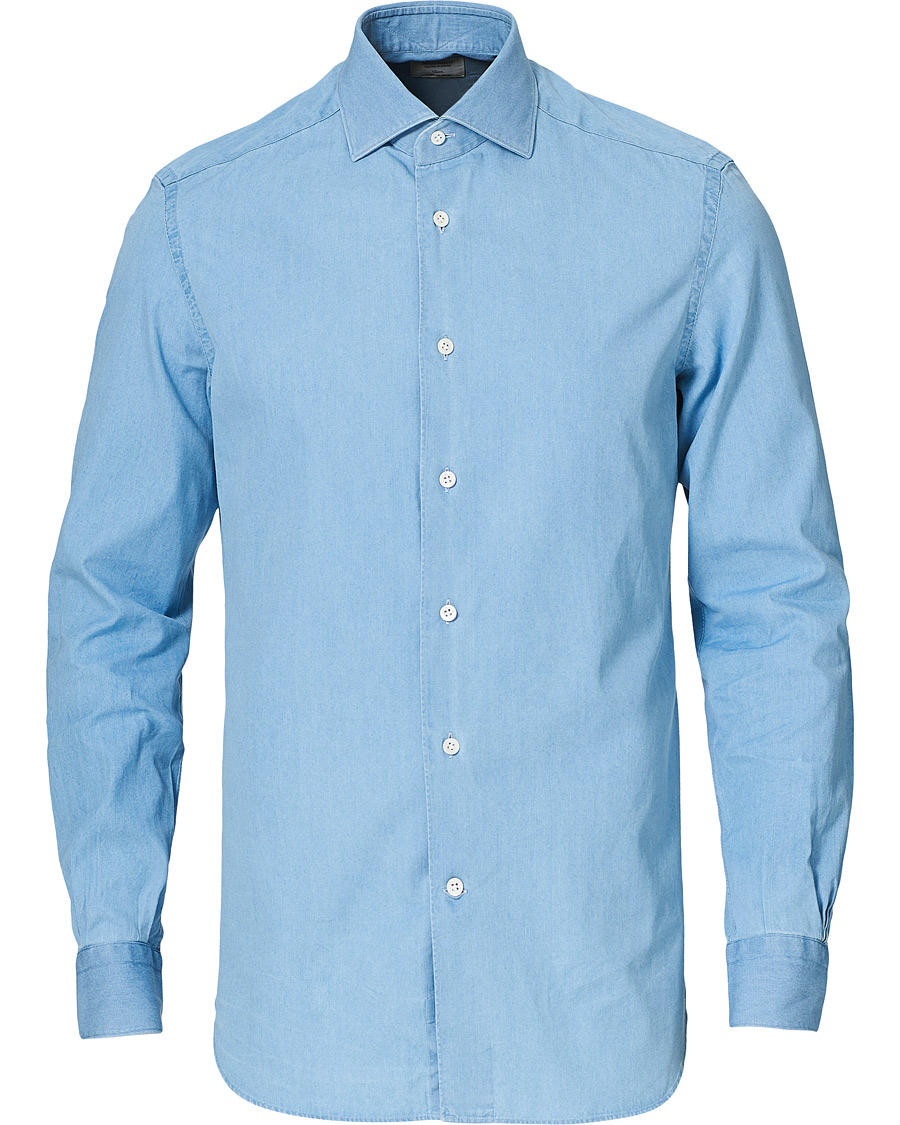 Herren | Hemden | Mazzarelli | Soft Cut Away Denim Shirt Light Indigo