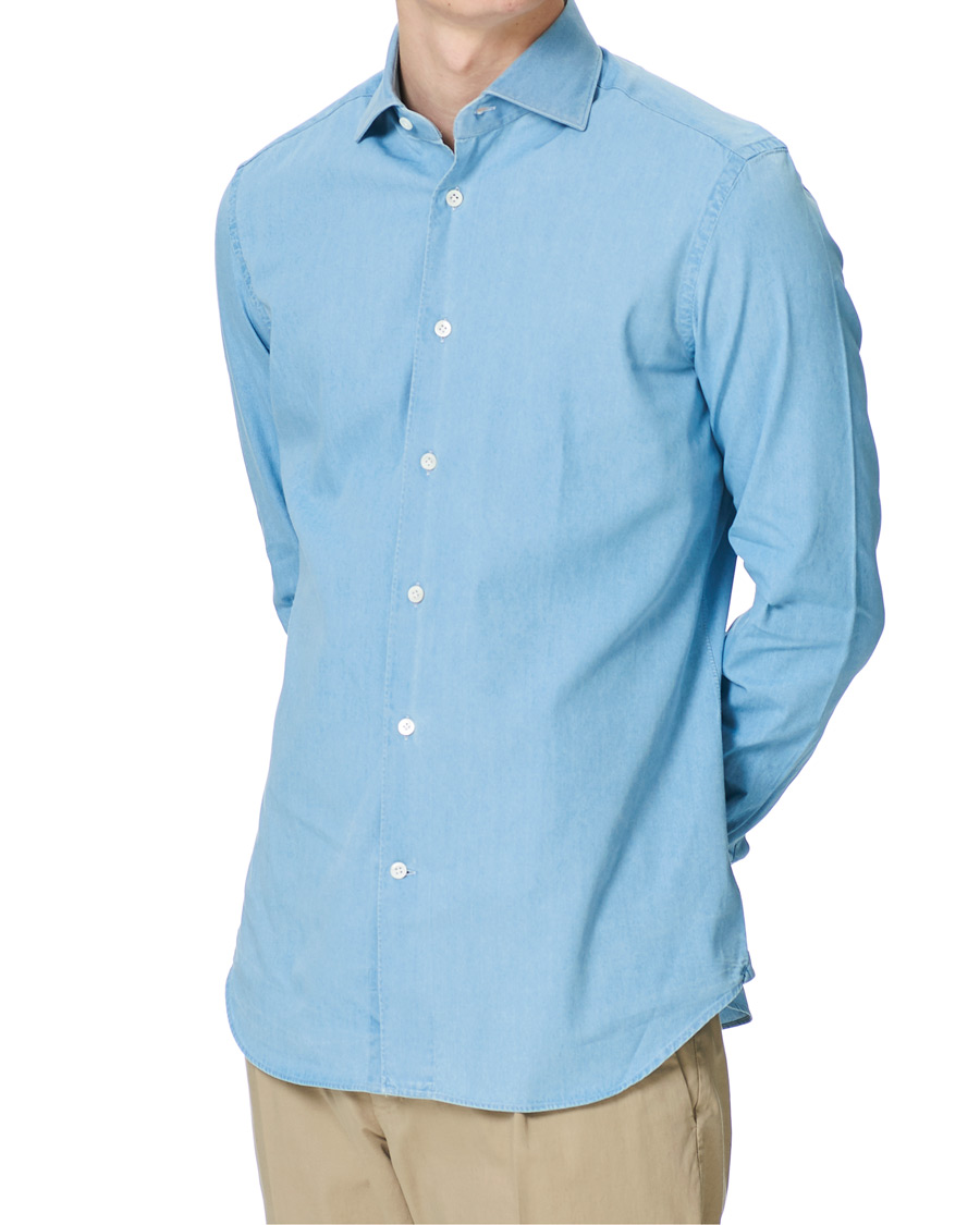 Herren | Hemden | Mazzarelli | Soft Cut Away Denim Shirt Light Indigo
