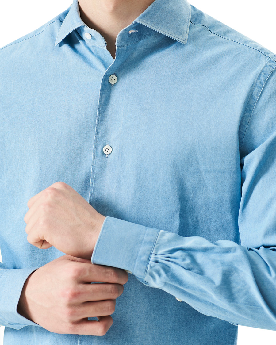 Herren | Hemden | Mazzarelli | Soft Cut Away Denim Shirt Light Indigo