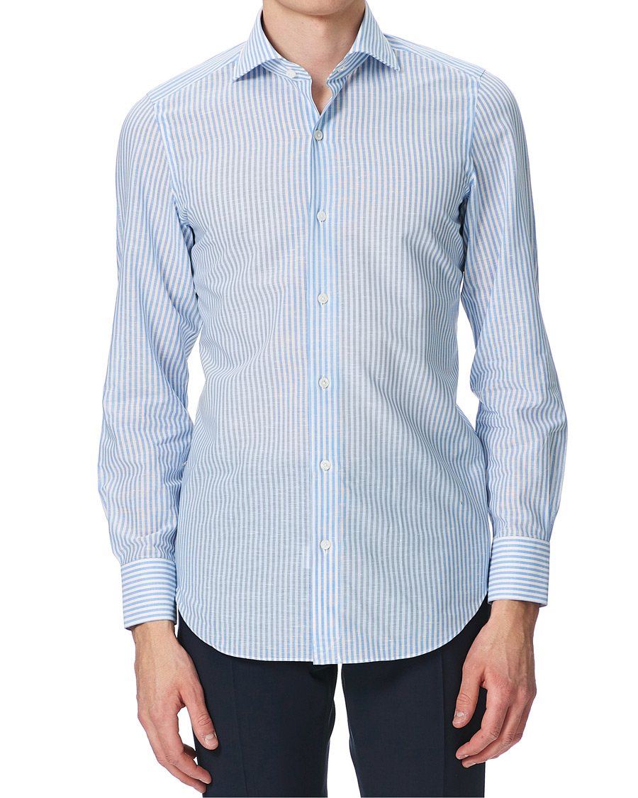 Herren | Hemden | Finamore Napoli | Milano Slim Fit Cotton/Linen Dress Shirt Blue