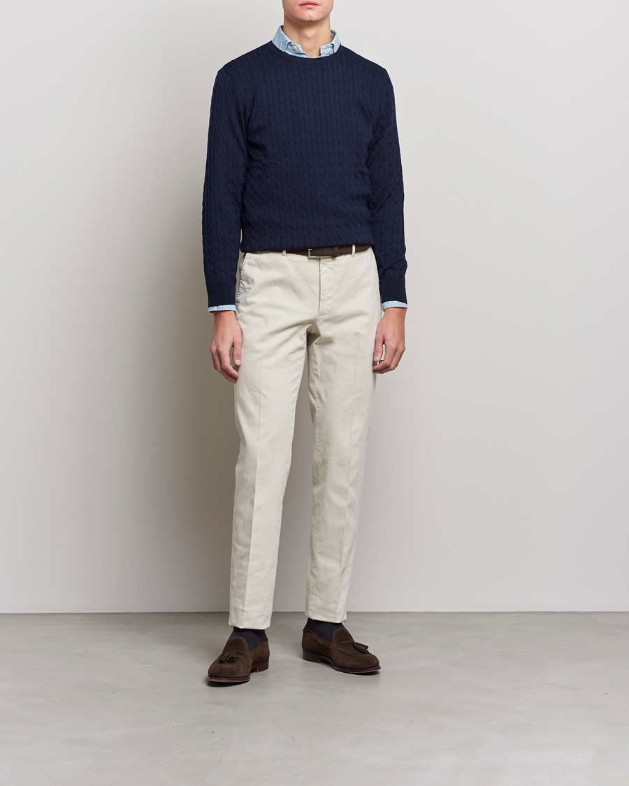 Herren | Pullover | Stenströms | Merino Cable Crew Neck Navy