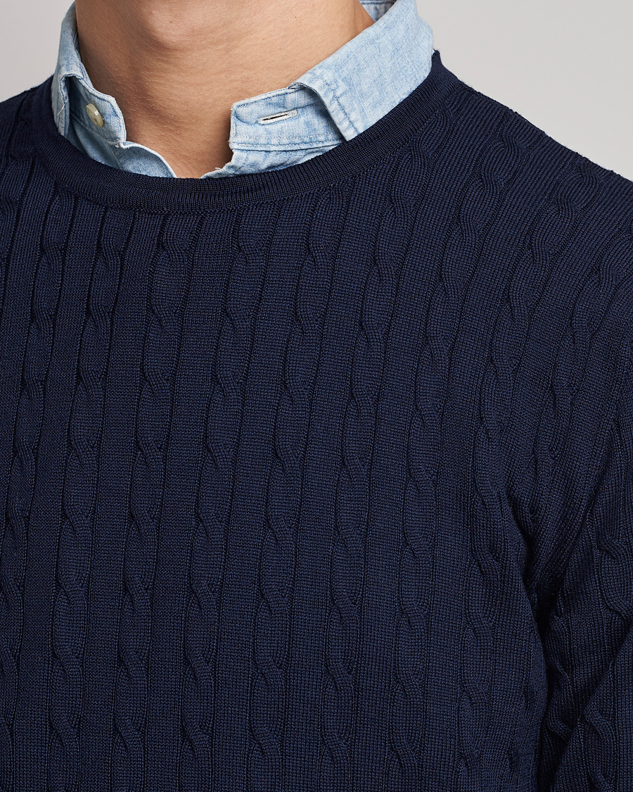 Herren | Pullover | Stenströms | Merino Cable Crew Neck Navy