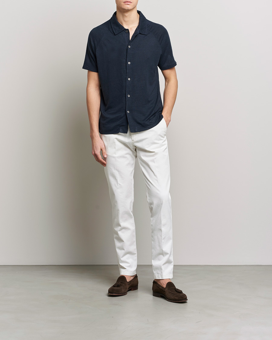 Herren | Poloshirts | Oscar Jacobson | Albin Short Sleeve Linen Polo Navy