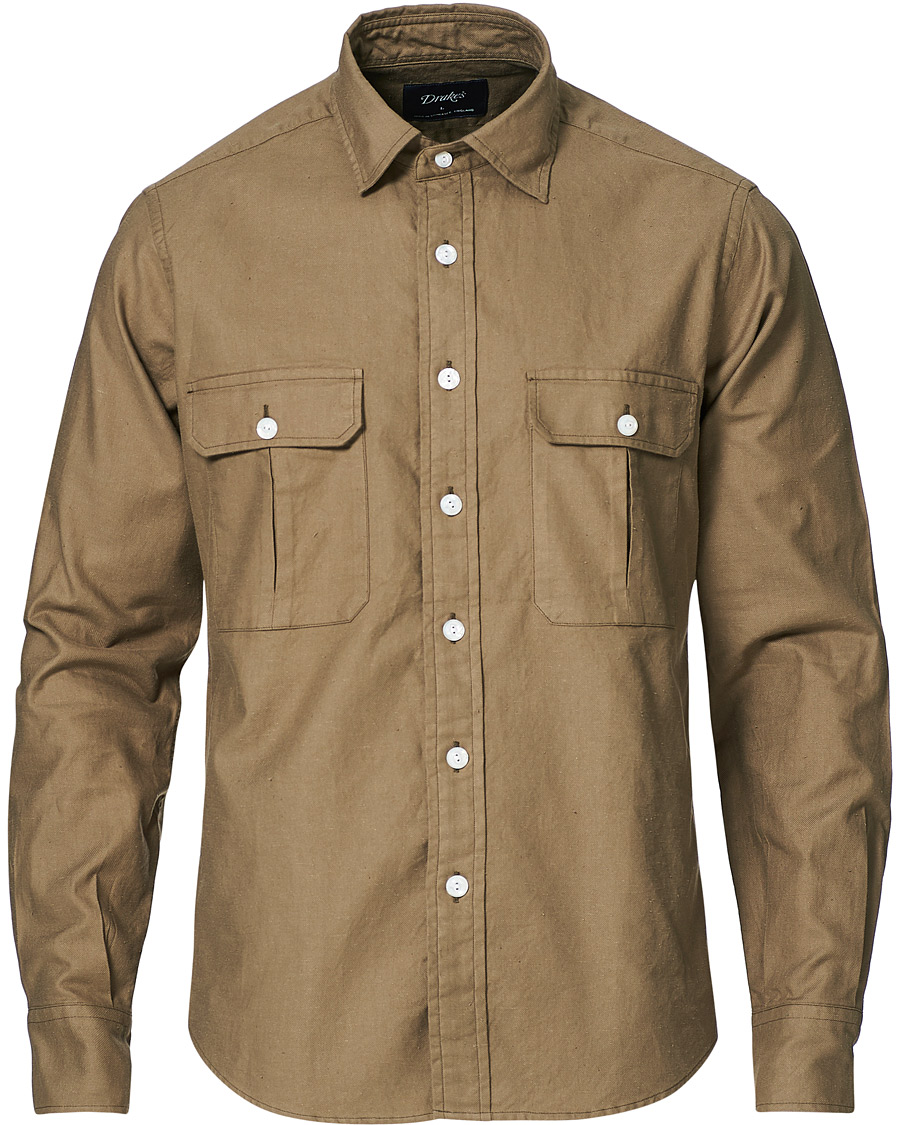 Herren | Hemden | Drake's | Two Pocket Cotton Work Shirt Khaki