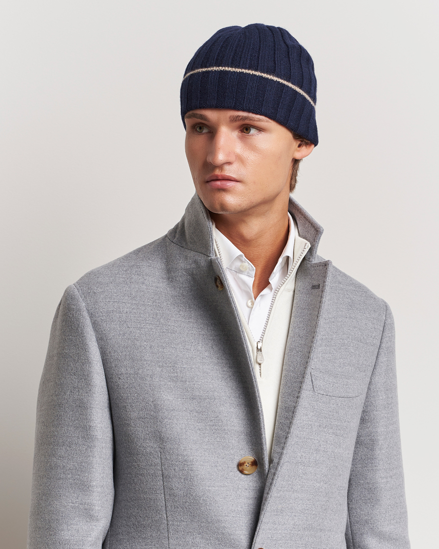 Herren | Brunello Cucinelli Cashmere Contrast Beanie Navy | Brunello Cucinelli | Cashmere Contrast Beanie Navy