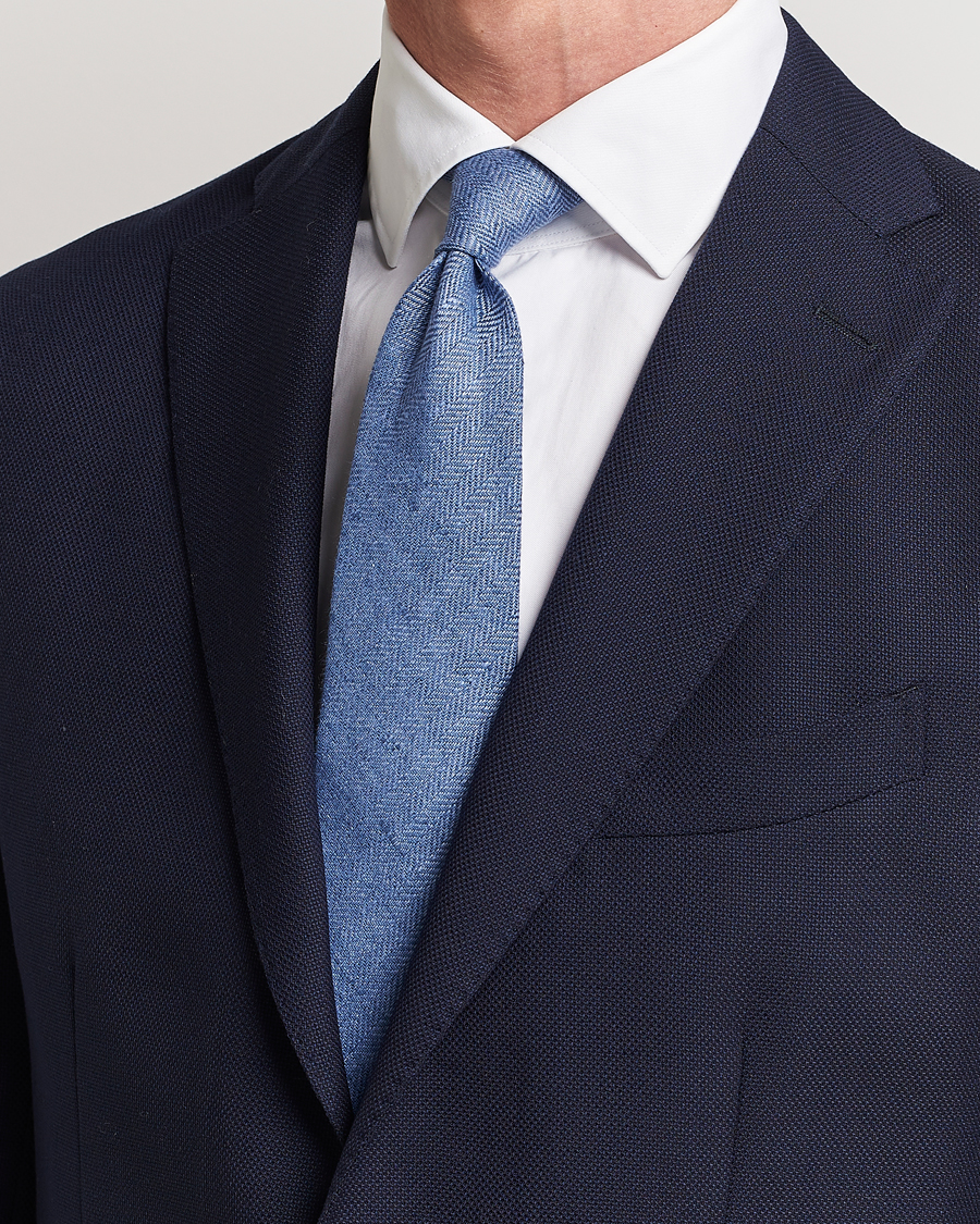 Herren | Amanda Christensen Linen Herringbone 8cm Tie Blue | Amanda Christensen | Linen Herringbone 8cm Tie Blue