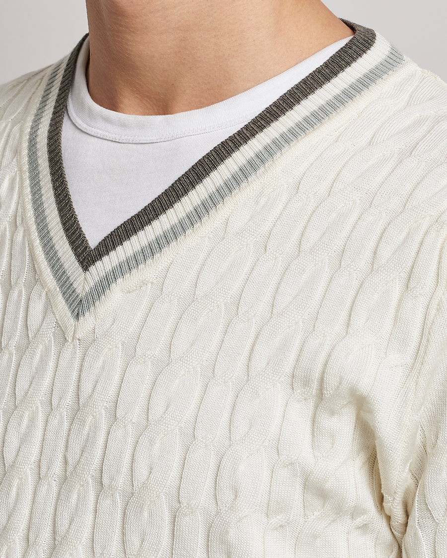 Herren | Pullover | Stenströms | Contrast Merino Cable V-Neck White