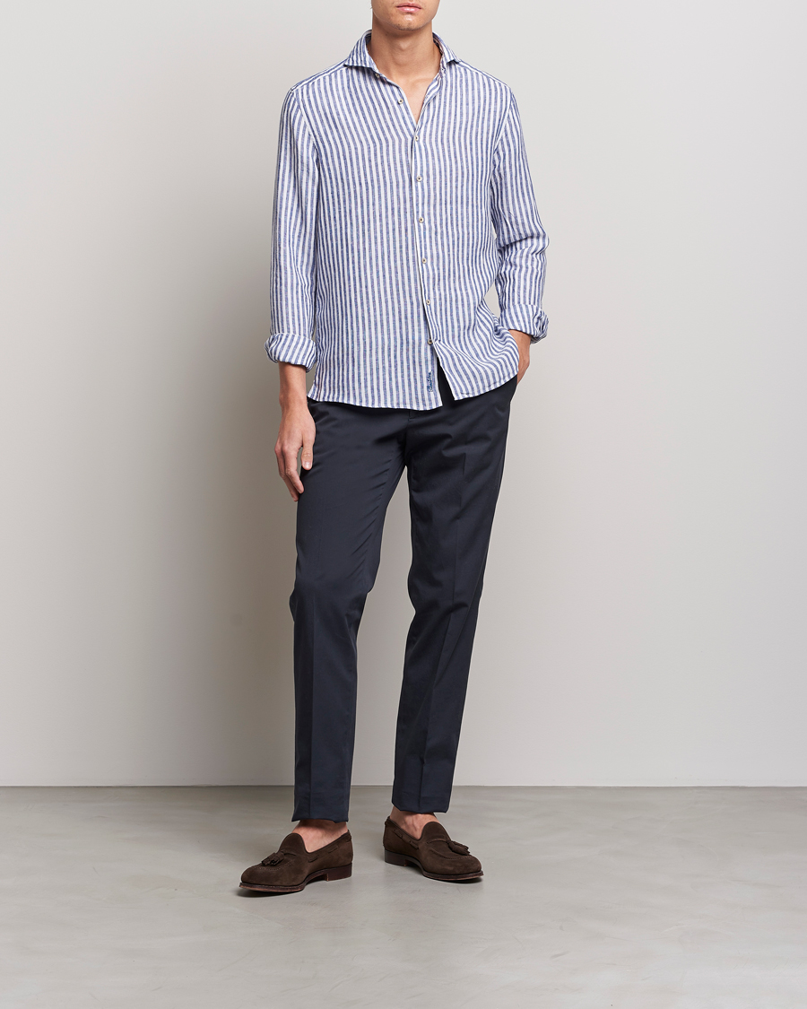 Herren | Hemden | Stenströms | Slimline Cut Away Striped Linen Shirt Blue