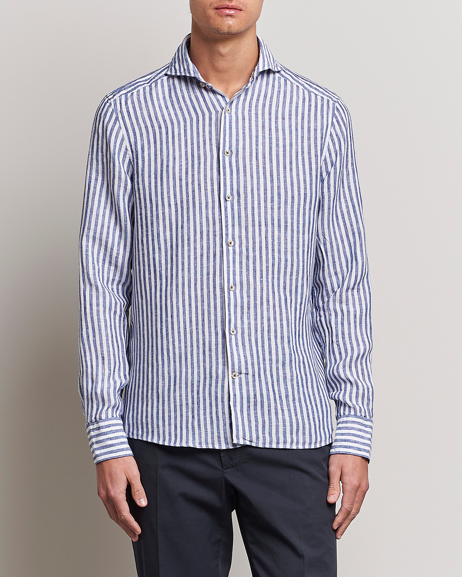 Herren | Hemden | Stenströms | Slimline Cut Away Striped Linen Shirt Blue