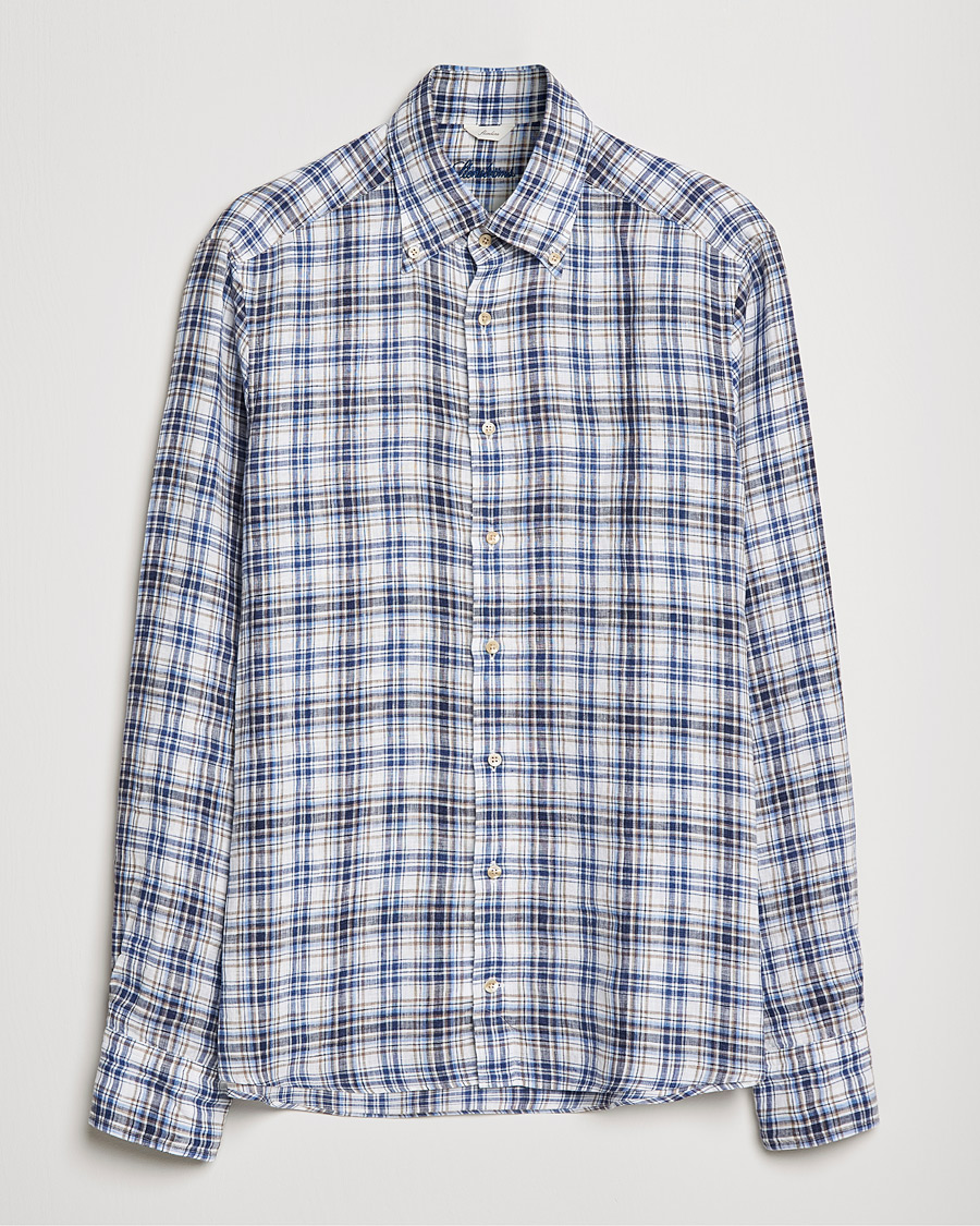 Herren | Hemden | Stenströms | Slimline Cut Away Checked Linen Shirt Blue/Beige