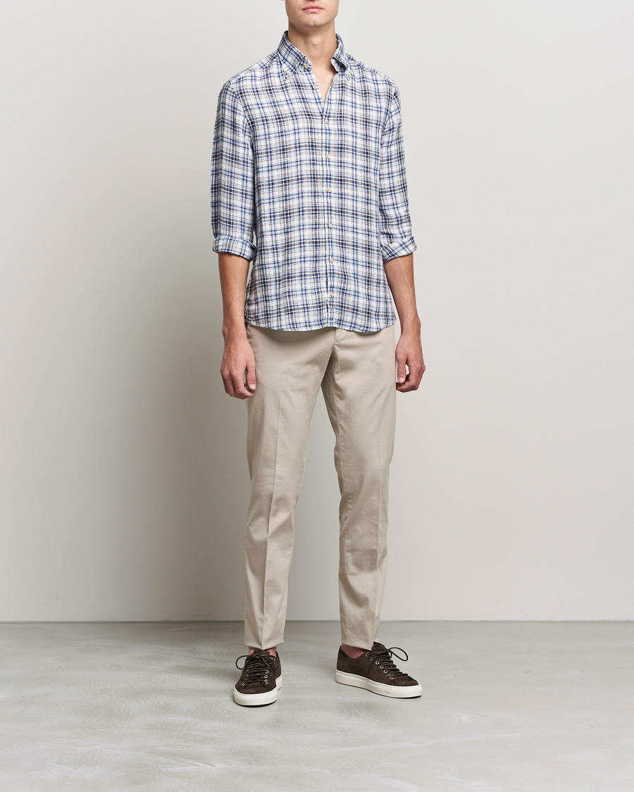 Herren | Hemden | Stenströms | Slimline Cut Away Checked Linen Shirt Blue/Beige