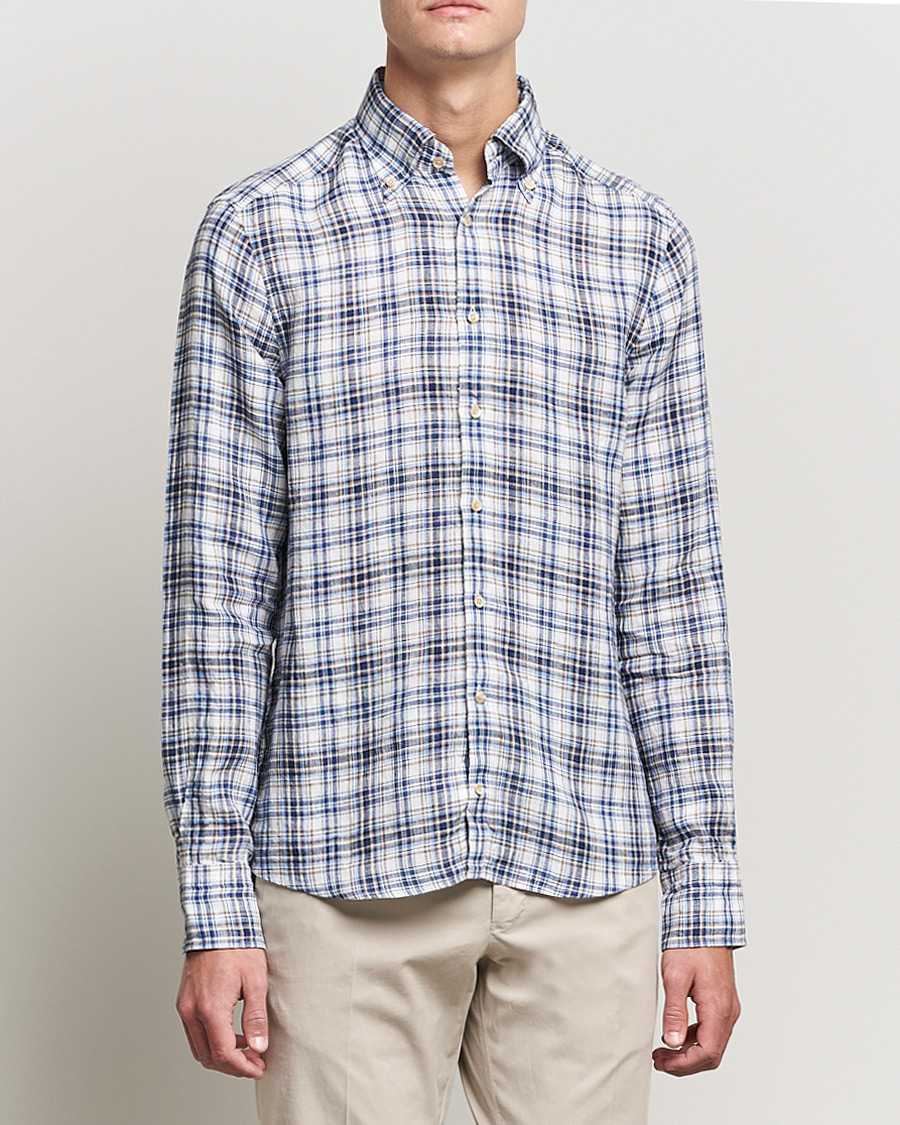 Herren | Hemden | Stenströms | Slimline Cut Away Checked Linen Shirt Blue/Beige
