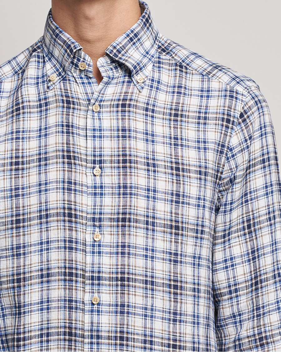 Herren | Hemden | Stenströms | Slimline Cut Away Checked Linen Shirt Blue/Beige