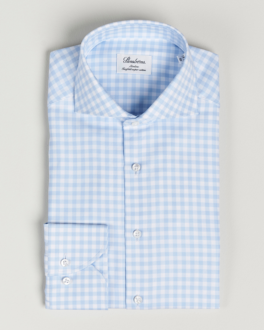 Herren | Hemden | Stenströms | Slimline Checked Cut Away Shirt Light Blue