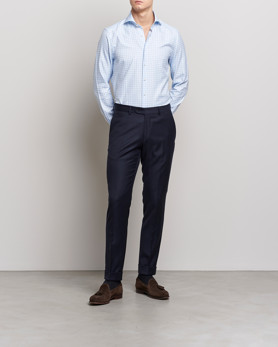 Herren | Hemden | Stenströms | Slimline Checked Cut Away Shirt Light Blue