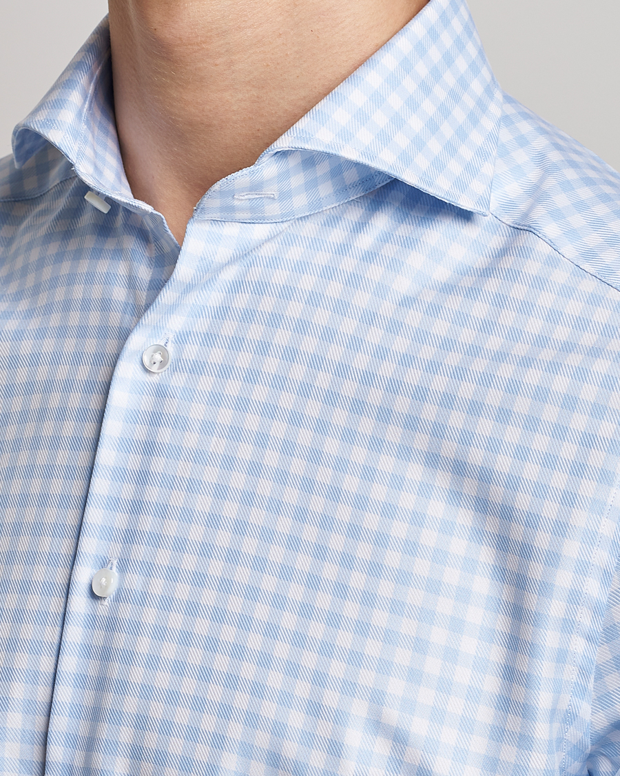 Herren | Hemden | Stenströms | Slimline Checked Cut Away Shirt Light Blue
