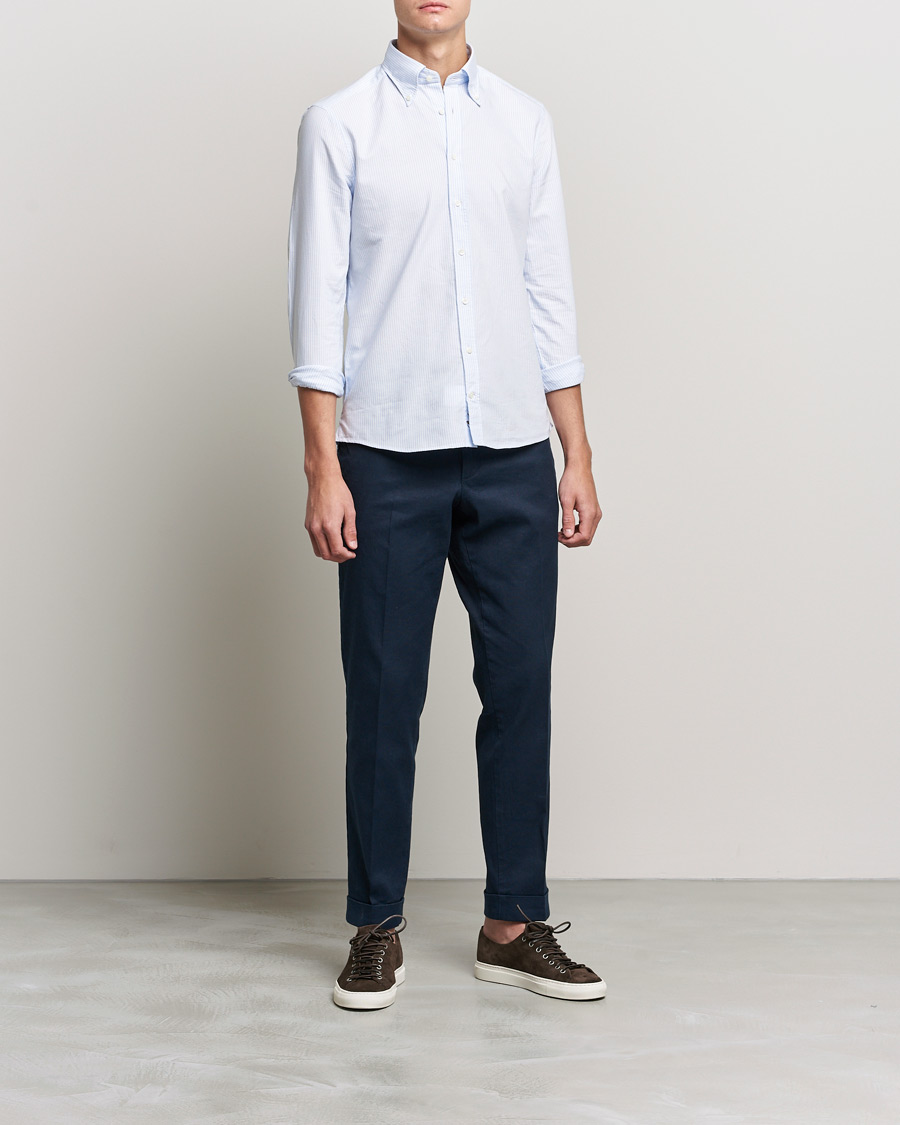 Herren | Hemden | Stenströms | Slimline Washed Striped Oxford Shirt Light Blue