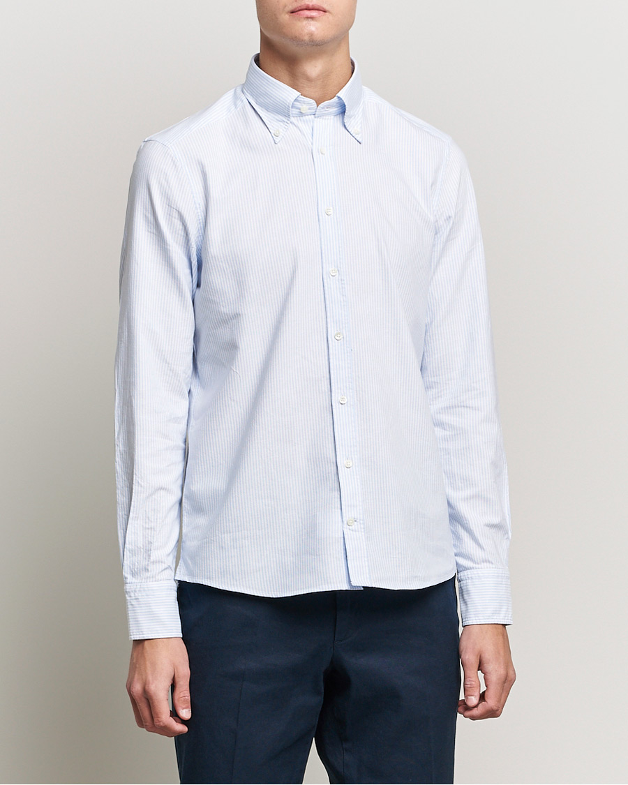 Herren | Freizeithemden | Stenströms | Slimline Washed Striped Oxford Shirt Light Blue
