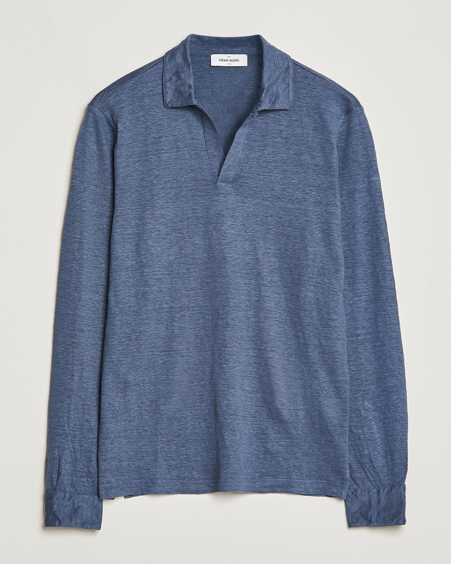 Herren | Pullover | Gran Sasso | Washed Linen Long Sleeve Polo Blue Melange