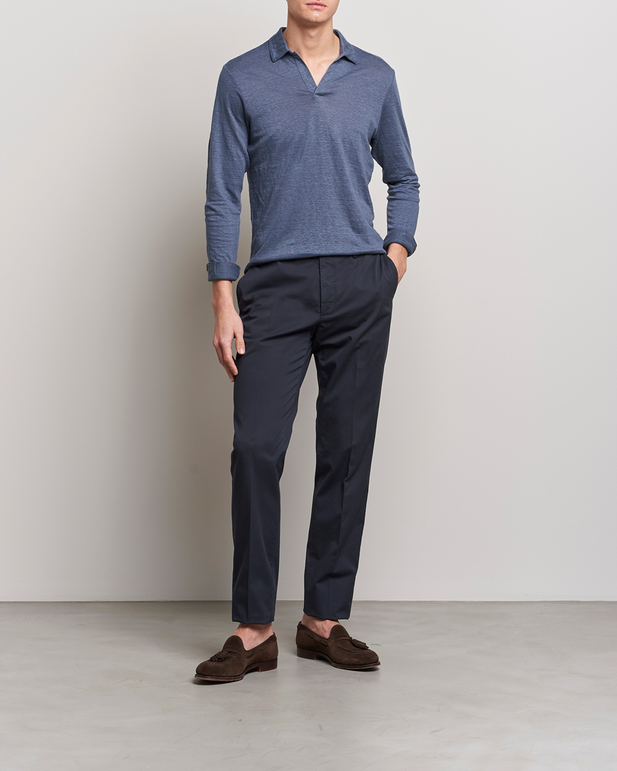 Herren | Pullover | Gran Sasso | Washed Linen Long Sleeve Polo Blue Melange