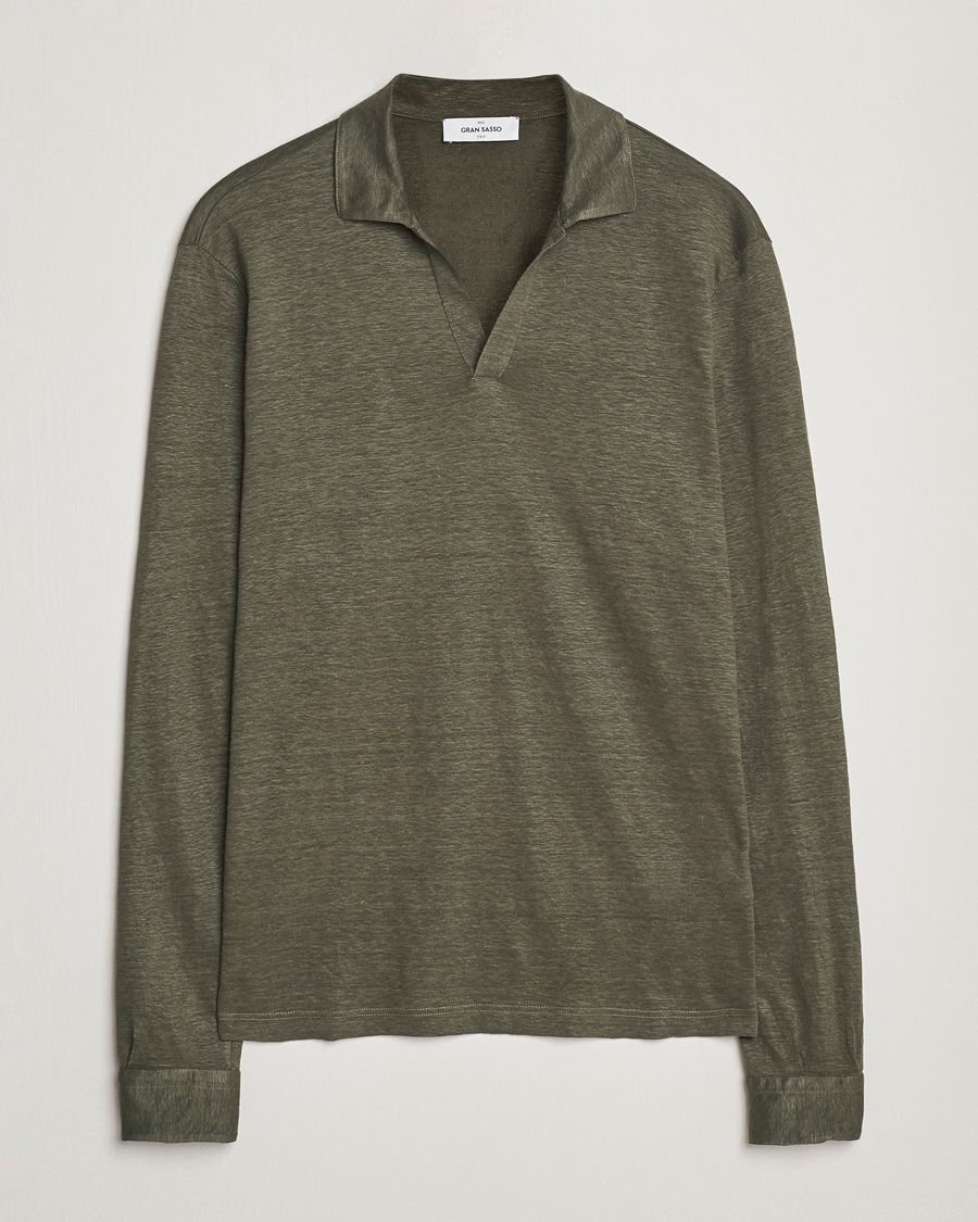 Herren | Pullover | Gran Sasso | Washed Linen Long Sleeve Polo Dark Green