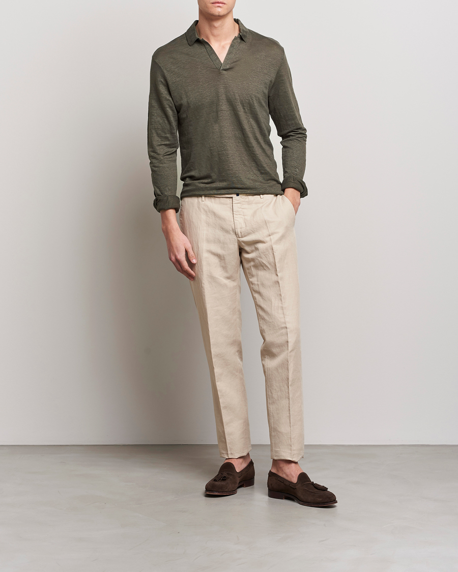 Herren | Pullover | Gran Sasso | Washed Linen Long Sleeve Polo Dark Green