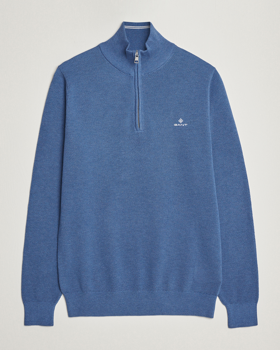 Herren | Pullover | GANT | Cotton Pique Half-Zip Sweater Denim Blue Melange